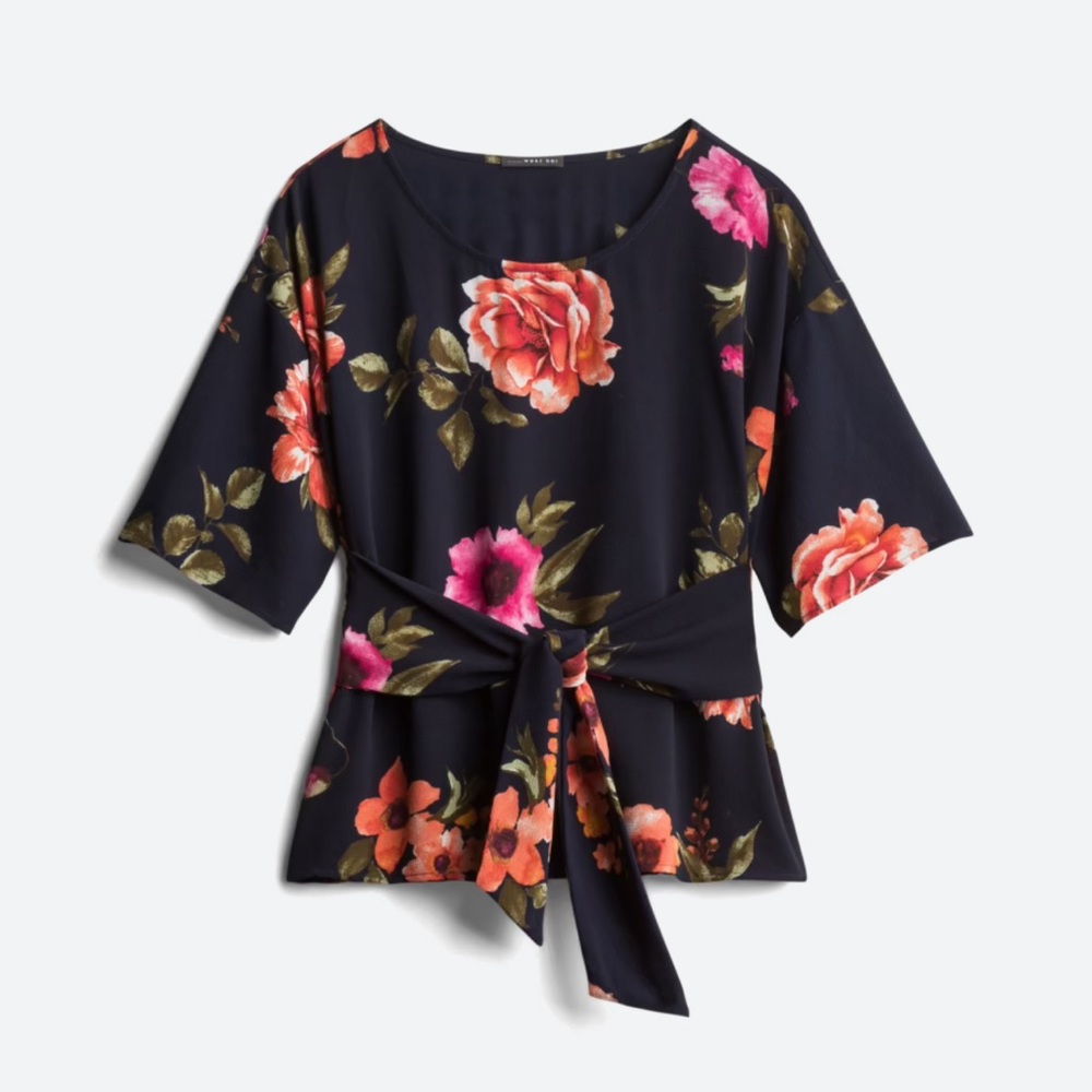 Tie front blouse - navy floral kimono sleeves